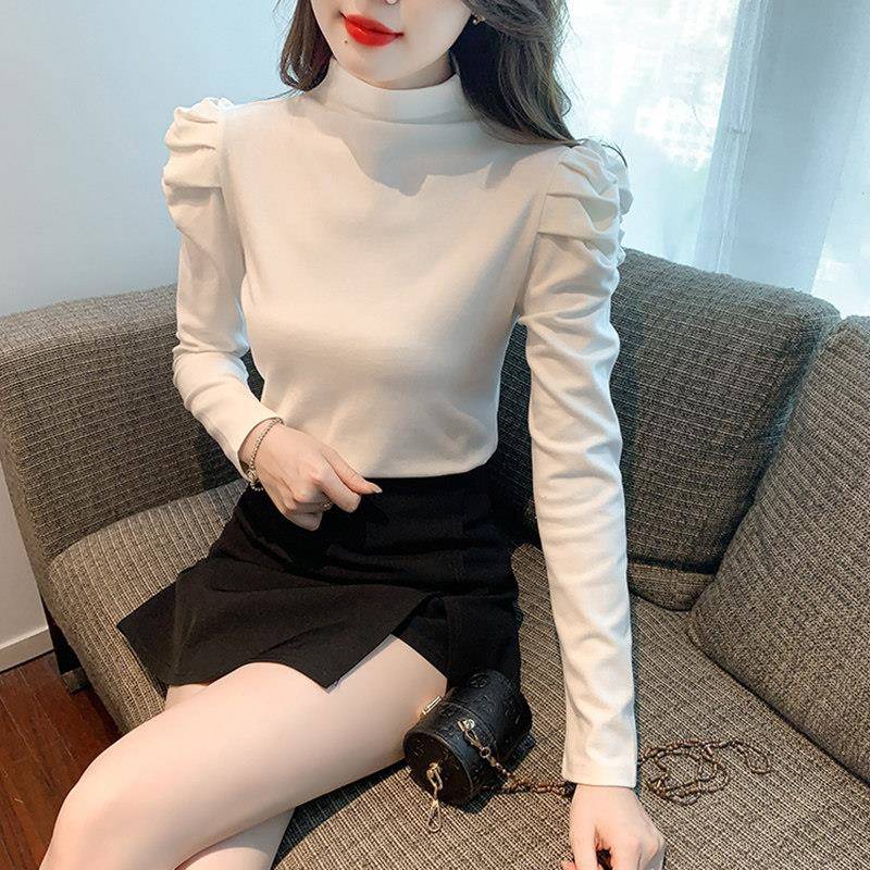 极速高级感泡泡袖半高领德绒打底衫女春秋款气质内搭修身上衣长袖