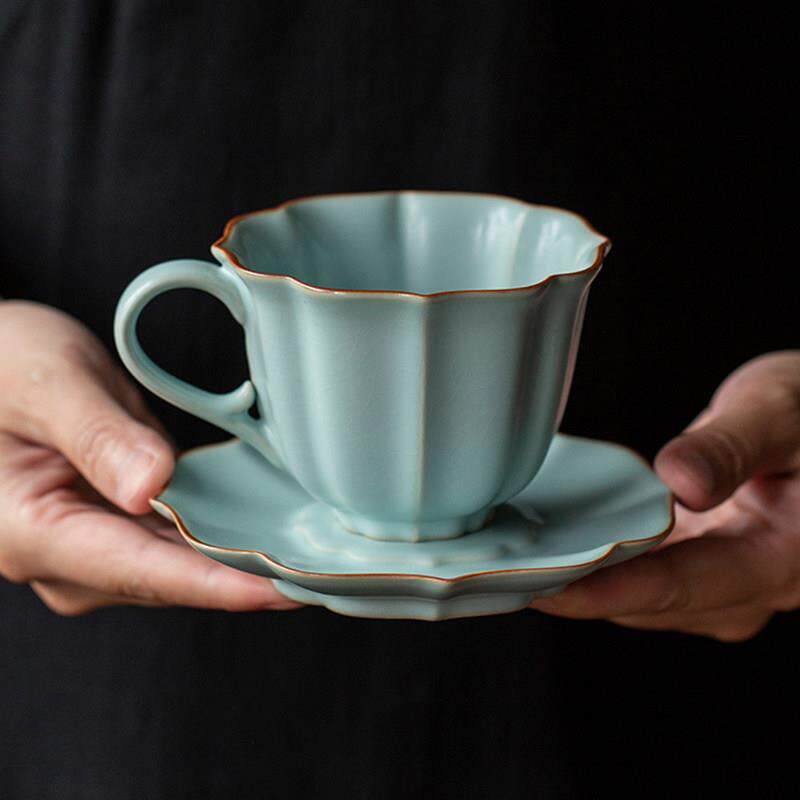 汝窑咖啡杯高档精致中国风陶瓷汝瓷下午茶杯碟套装覆古中式喝水杯
