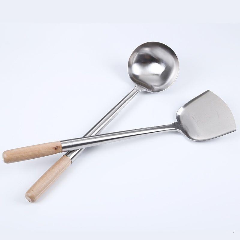 新款不锈钢厨师炒勺子木质家用加厚炒菜长把壳柄汤厨房锅铲大码