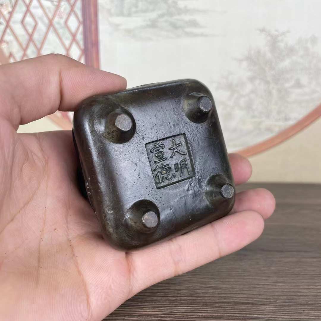古玩杂项收藏仿古老铜宣字炉四大神兽铜香炉四足双耳香薰炉摆件