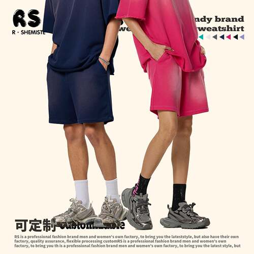 RS装|跨境水洗350G喷马骝短裤多巴胺重磅士短裤美式抽绳裤子