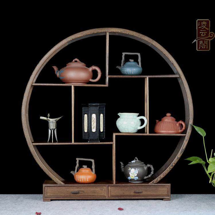 红木雕60带抽圆形大博古架紫砂茶壶奇石花盆多宝阁鸡翅实木展示架