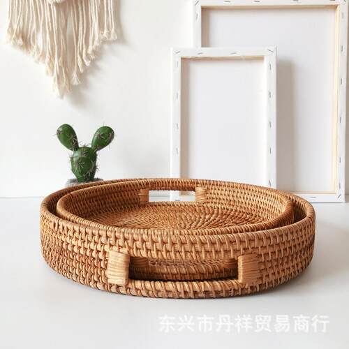 越南手工编织藤编编水果盘果篮茶盘托盘圆形提手创意收纳篮客厅