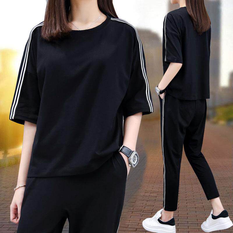 时尚品牌女式短袖运动休闲套装2025夏季时尚宽松大码中袖健身装纯
