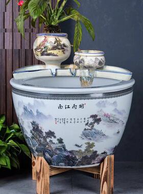 古法养鱼复古循环瀑布流水陶瓷增氧摆件造景生态过滤庭院鱼缸陶罐