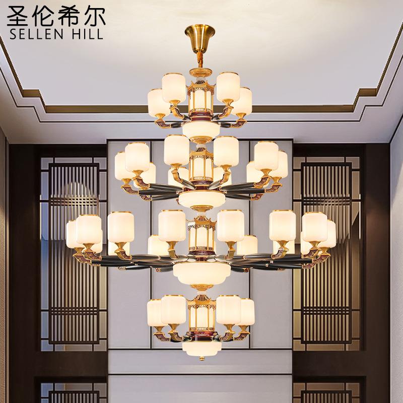 锌合金新中式吊灯led实木餐厅中国风屋檐卧室客厅复式别墅大吊灯
