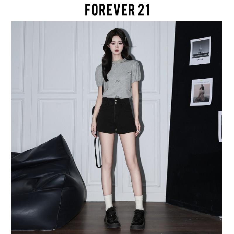 Forever21美式辣妹黑色高腰牛仔短裤女春设计感A字梨形包臀热裤子