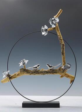 日本进口创意新中式铁艺仿真木工艺品摆件招财鸟风水玄关办公室装