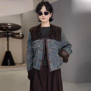 香港代购时尚牛仔羽绒服女冬季新款保暖羊羔毛领拼接保暖短款外套