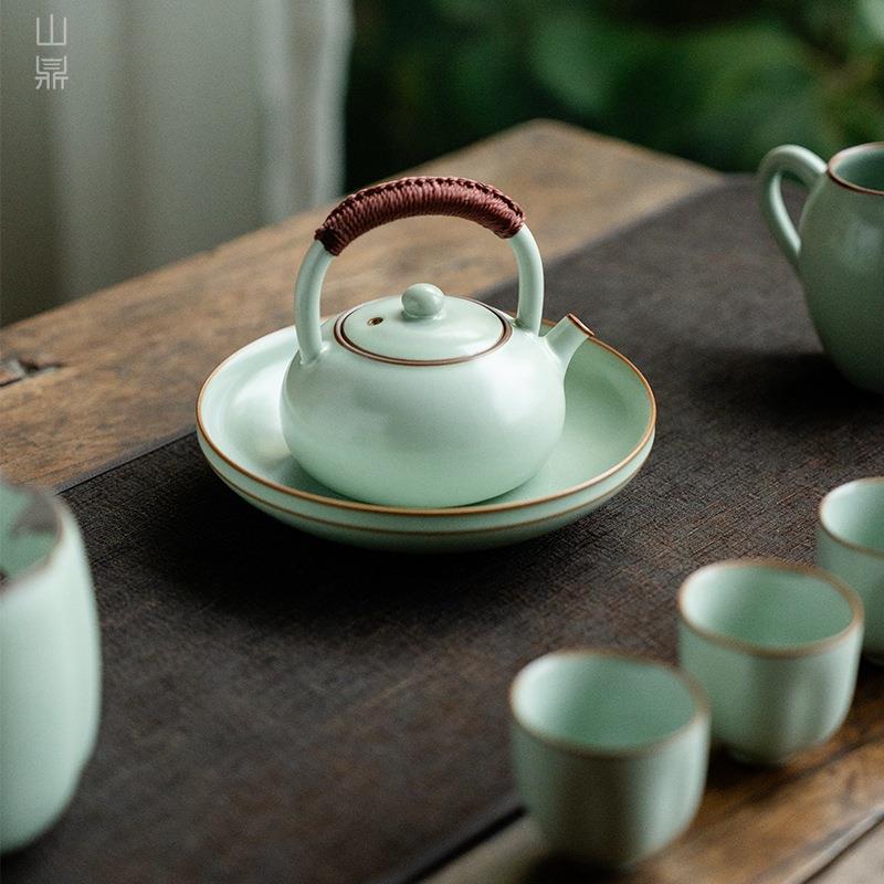 天青汝窑开片茶壶家用陶瓷泡茶壶中式高档瓷柄提梁壶编绳功夫单壶