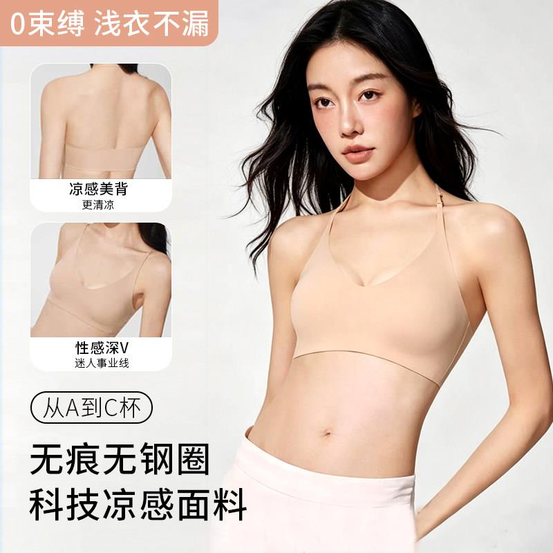 无钢托美背文胸女聚拢小胸3/4罩杯极细肩带隐形无痕内衣无钢圈