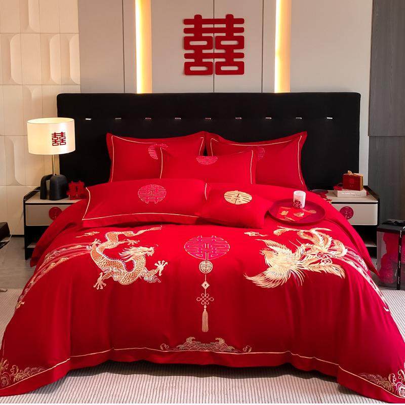 婚房婚礼红色床单婚嫁被套被罩四件套新婚结婚床上用品大陪嫁