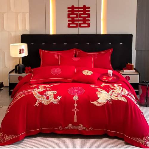 婚房婚礼红色床单婚嫁被套被罩四件套新婚结婚床上用品大陪嫁