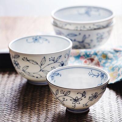 日本进口线唐草碗盘子陶瓷碗日式饭碗面碗家用釉下彩餐具汤碗餐盘