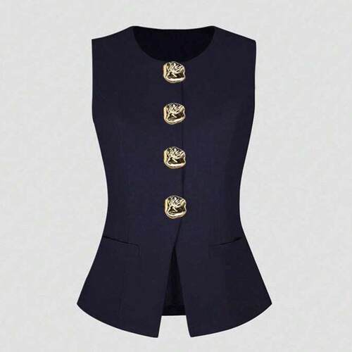 Women's Basic French Metal Button Sleeveless Thin Slim