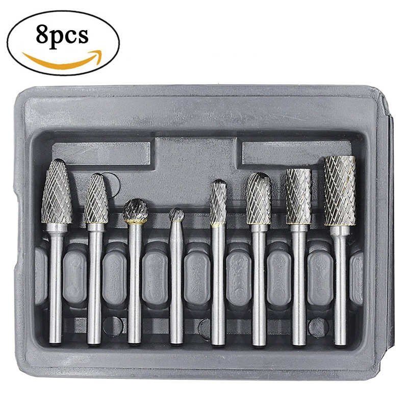 8件套钨钢磨头硬质合金旋转锉刀套装双槽金属木雕抛光合金打磨头