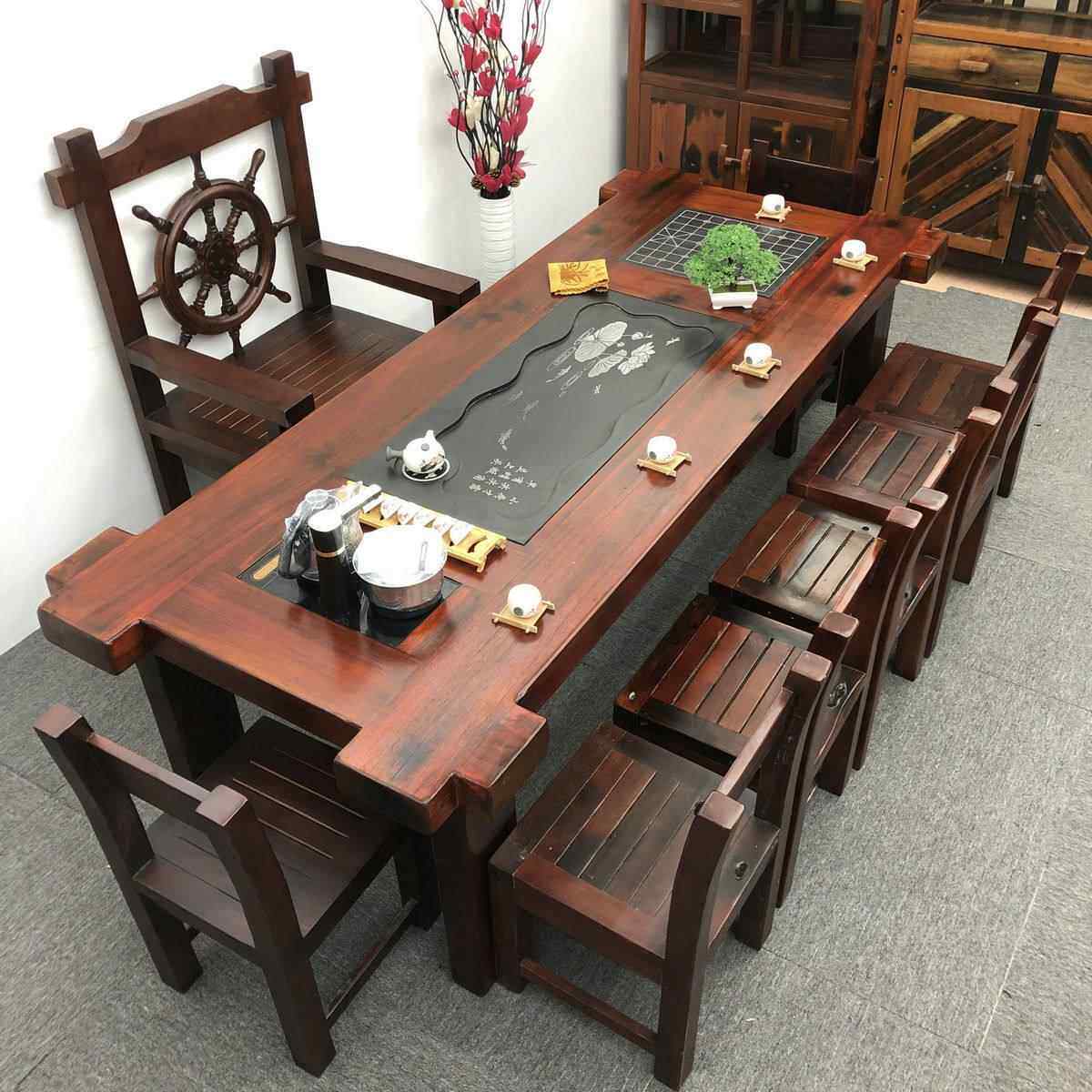 高档老船木茶几组和椅子合实木茶具套家装集成中式客茶厅几庭茶几