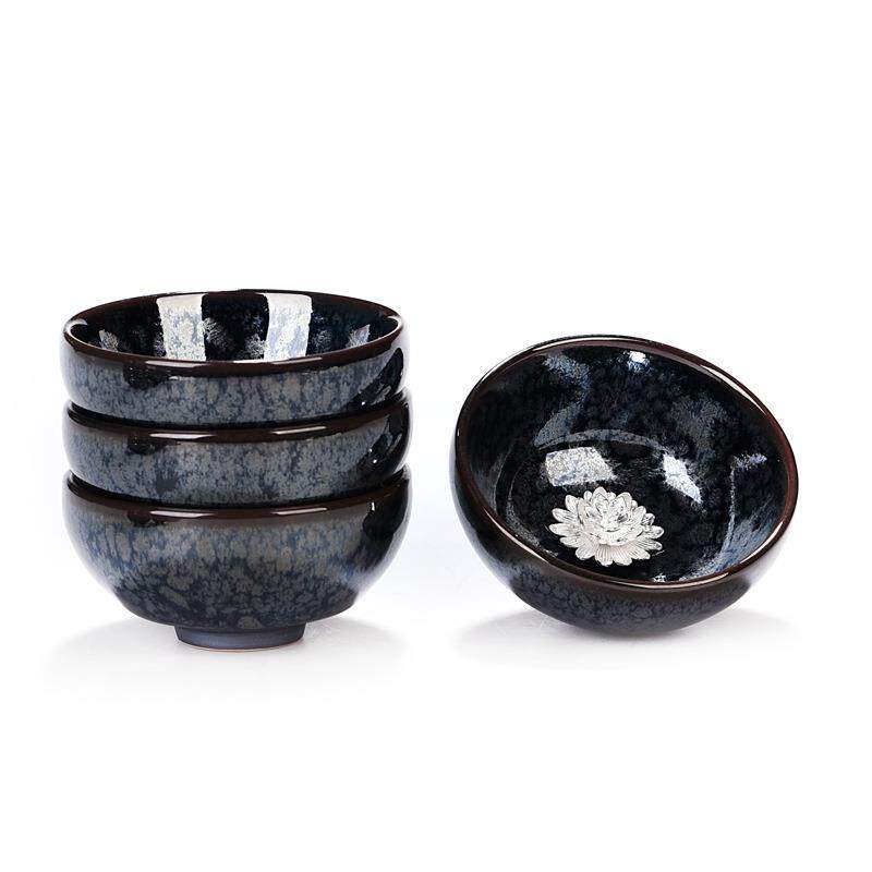 油滴蓝 星空天目建盏茶杯 镶银茶杯 品茗杯 银鱼茶杯茶具 小茶盏