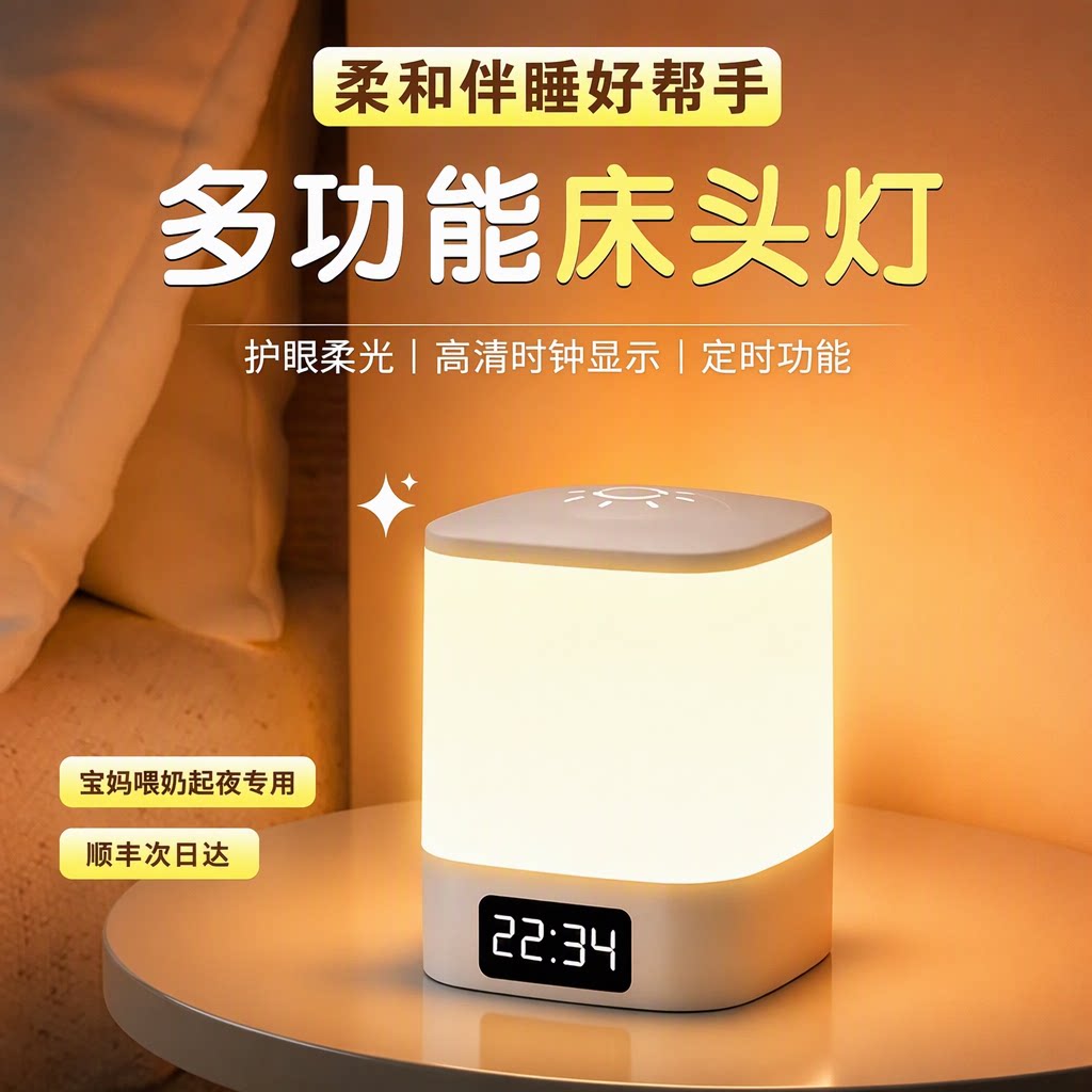 遥控小夜灯卧室床头灯婴儿喂奶起夜插电护眼柔光高级感触控时钟