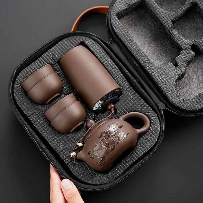 紫砂旅行茶具套装一壶四杯户外便携式收纳快客杯功夫小礼品印LOGO