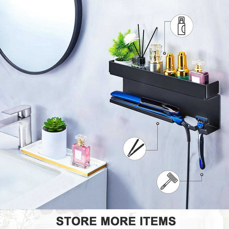 不锈钢卷发棒收纳架浴室美发工具造型器收纳盒吹风机支架一体挂架