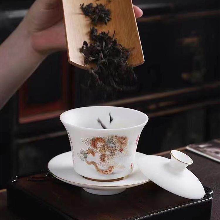 脂玉瓷三才盖端碗个茶碗素烧堆金考花龙腾四羊UCP海盖碗高单茶碗
