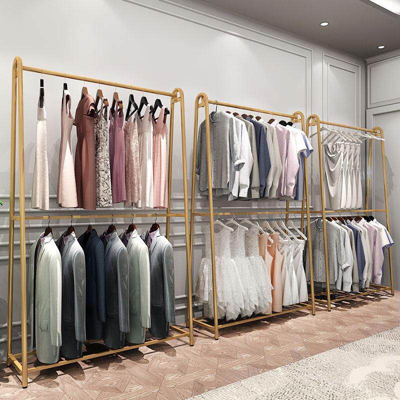 落地式金色婚纱礼服展示架子服装店挂衣架双层女装店西装两层货架