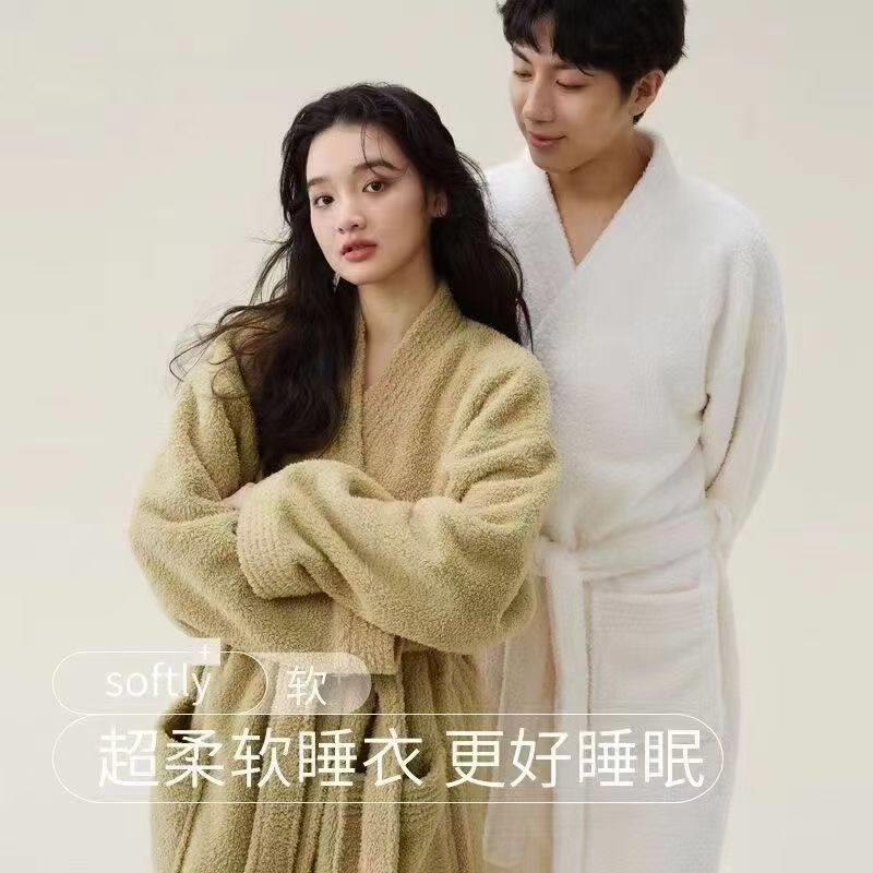 新款睡袍女秋冬季珊瑚绒男士浴袍情侣睡衣套装加长款浴衣加厚冬天
