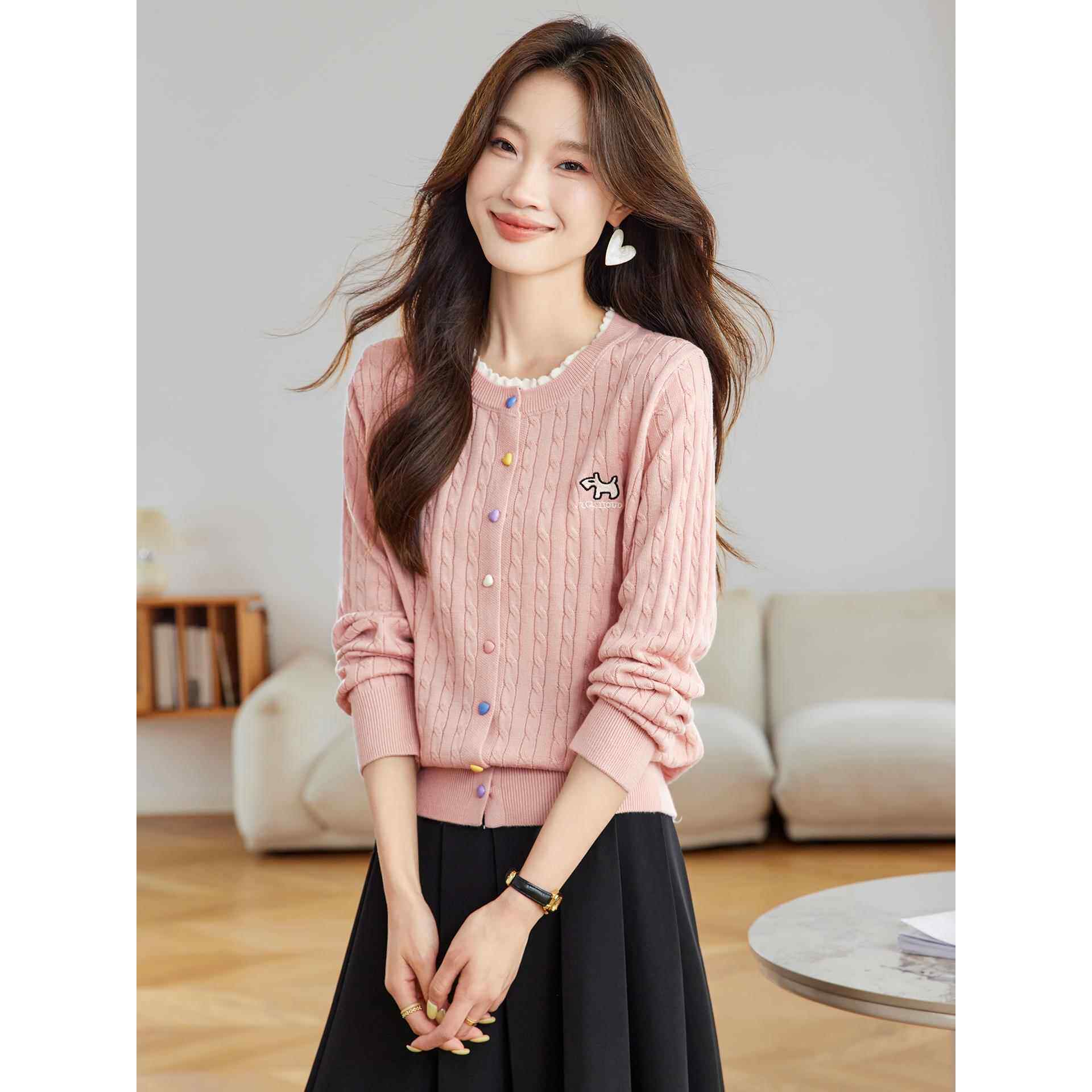 2025春秋新款圆领针织开衫女宽松拼色长袖麻花毛衣外套上衣薄早秋