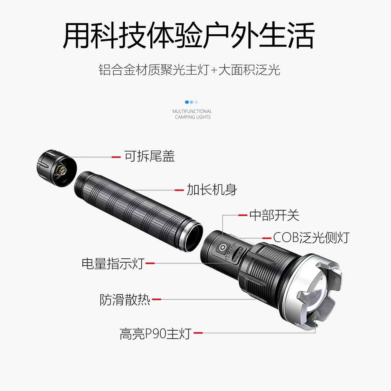 跨新款变电远射XHPPK12670/境P90强焦光筒带COB侧灯LED户外充电手