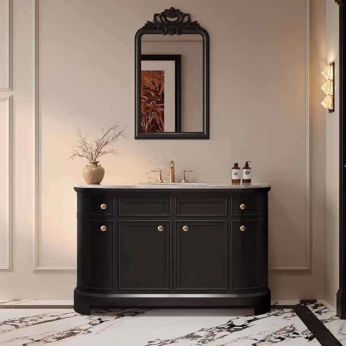 法式复古浴室柜组合落地式岩板热弯一体盆卫生间洗漱台洗手脸盆柜