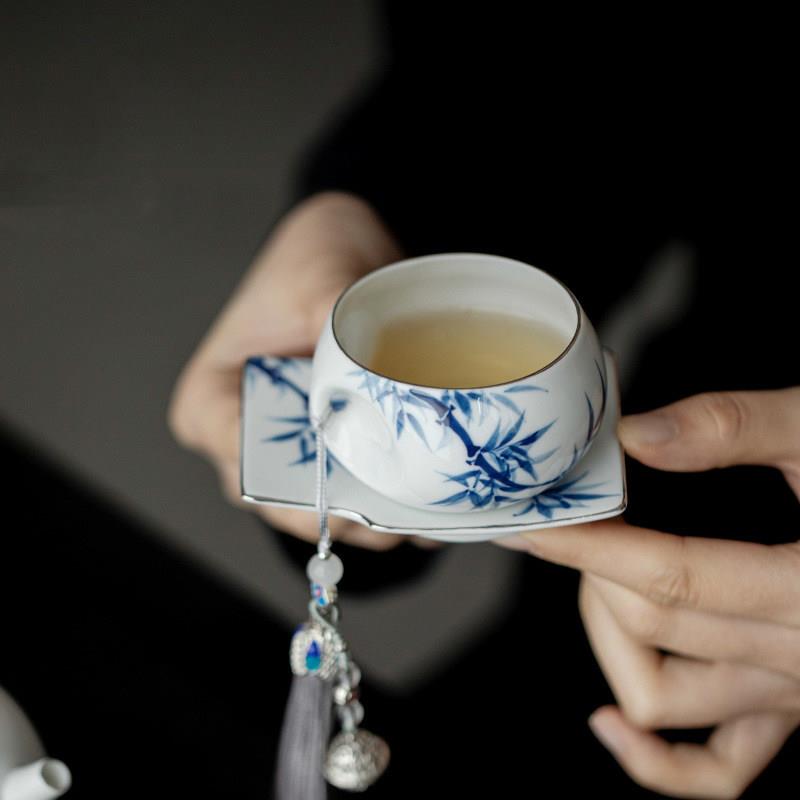 手绘青花竹子陶瓷茶杯主人杯女士精致单杯中式品茗杯套杯带流苏