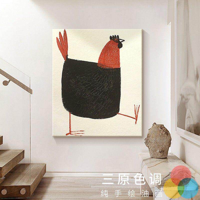 意式极简手绘油画 画抽象大公鸡金鸡独立客厅装饰画 画玄关墙壁竖