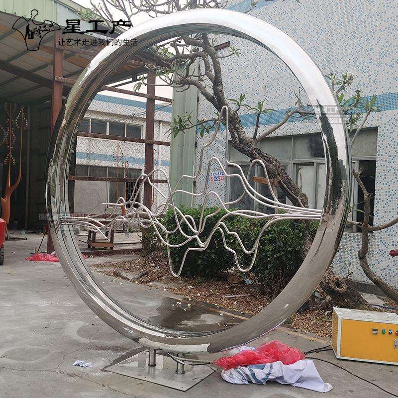 圆圈不锈钢喷水帘景金属雕塑摆件广场景观小区售楼处设计软装雕塑