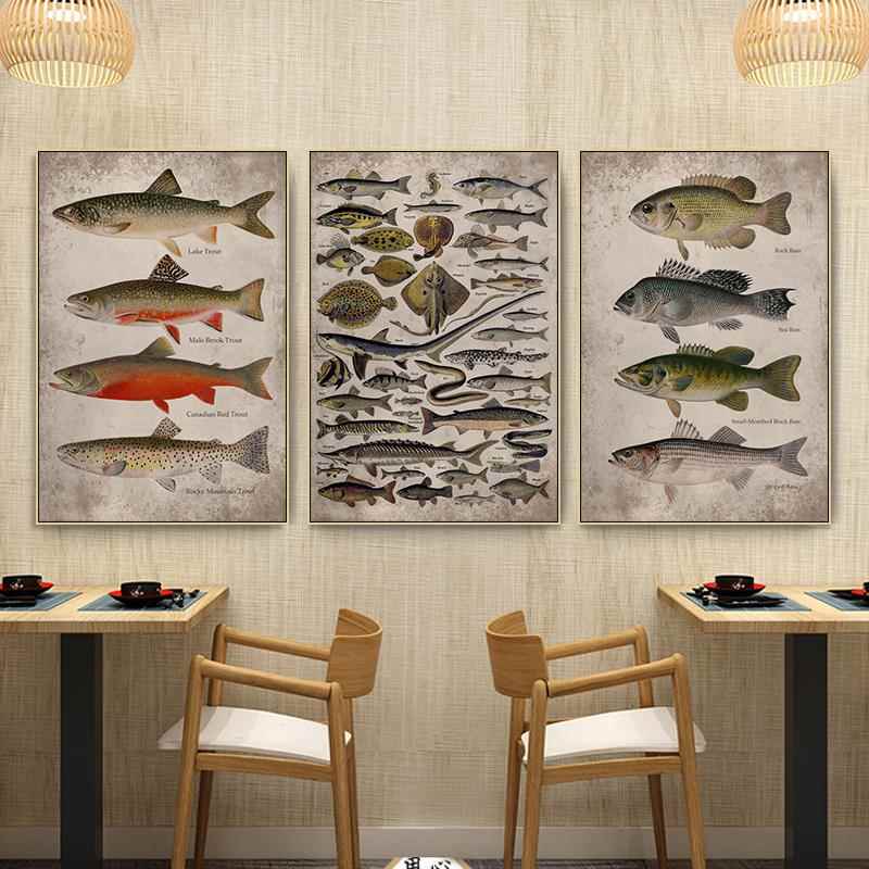 复古鱼类标本装饰画渔具店办公室鱼竿分解图挂画海鲜水产餐厅壁画图片