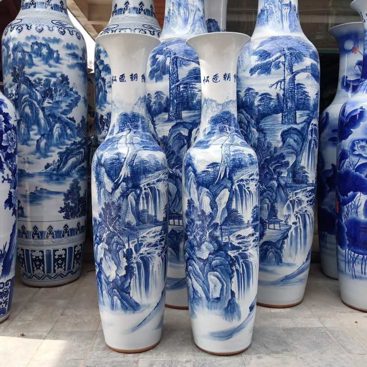 手绘青花松迎 山水画落地大花瓶开业庆典礼品大摆件景德镇陶瓷
