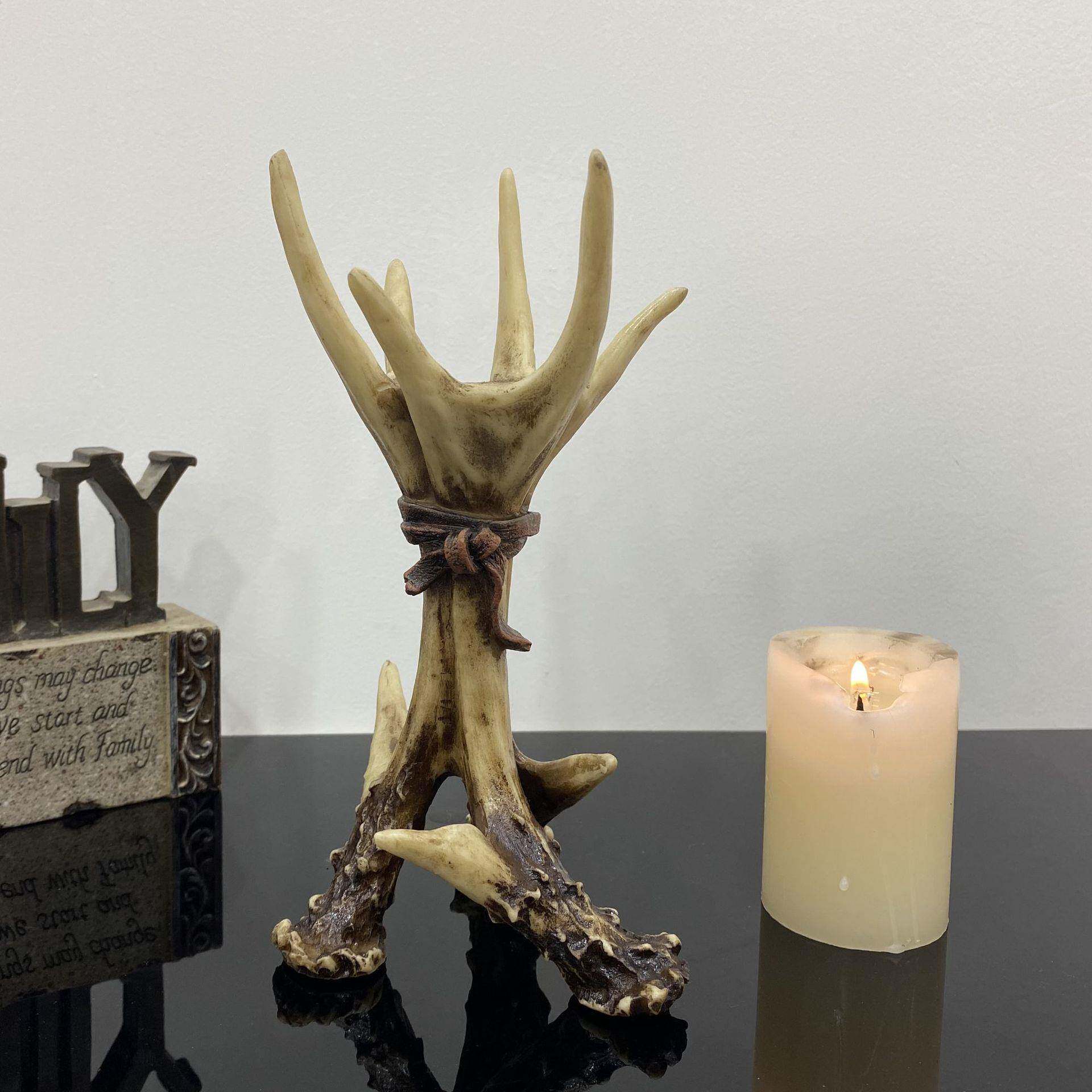 欧式复古鹿角烛台摆件树脂动物雕像跨境家居桌面蜡烛台装饰工艺品