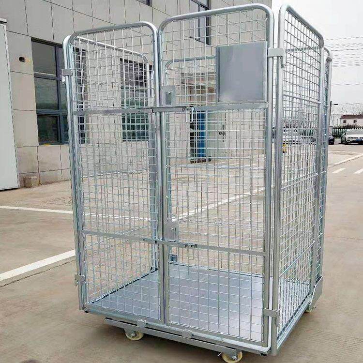 U型镀锌折叠物流手推车双门四面网格围栏金属底板U型折叠货架