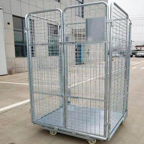 U型镀锌折叠物流手推车双门四面网格围栏金属底板U型折叠货架