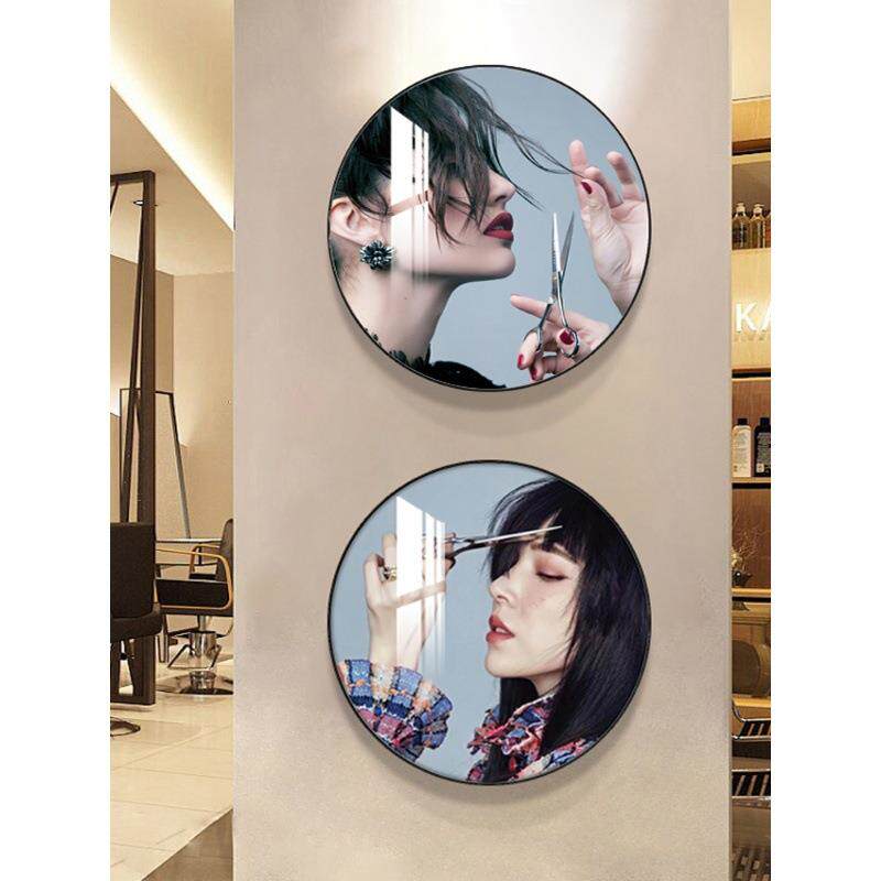 美发店装饰画挂墙发廊理发店挂画圆形轻奢美女发型图片工作室壁画
