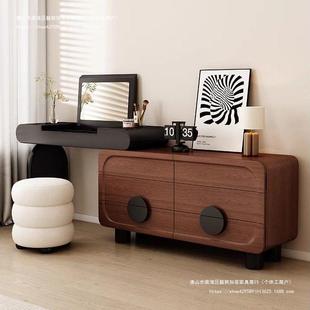 实木梳妆台斗柜一体奶油风小户型新款翻盖化妆镜实木可伸缩化妆桌