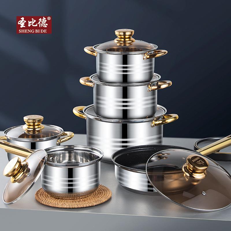 东南亚热卖不锈钢套装锅金色手把12件套锅具电磁炉适用厨房锅具EB
