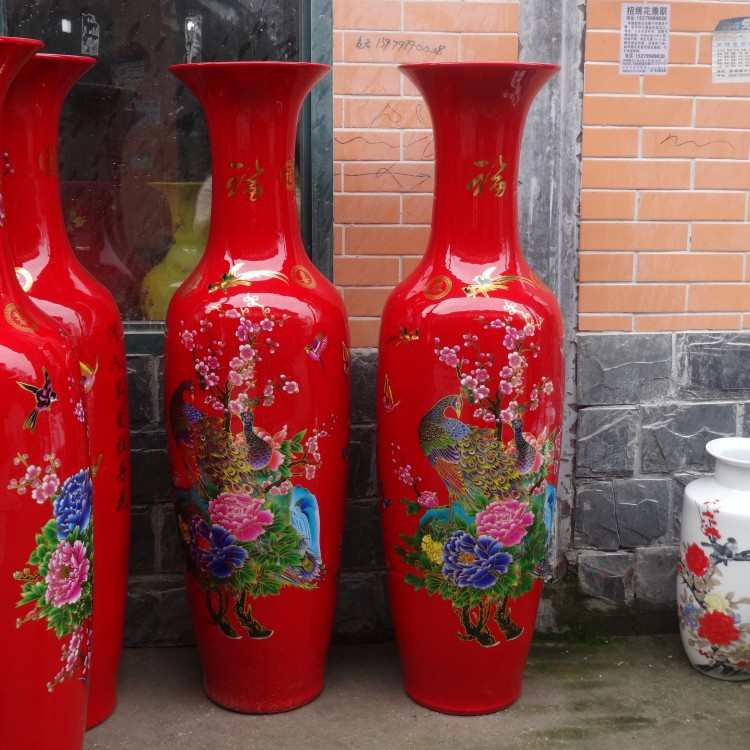 景德镇落地大花瓶富贵牡丹孔雀图落地陶瓷花瓶喜庆工艺品开业摆件