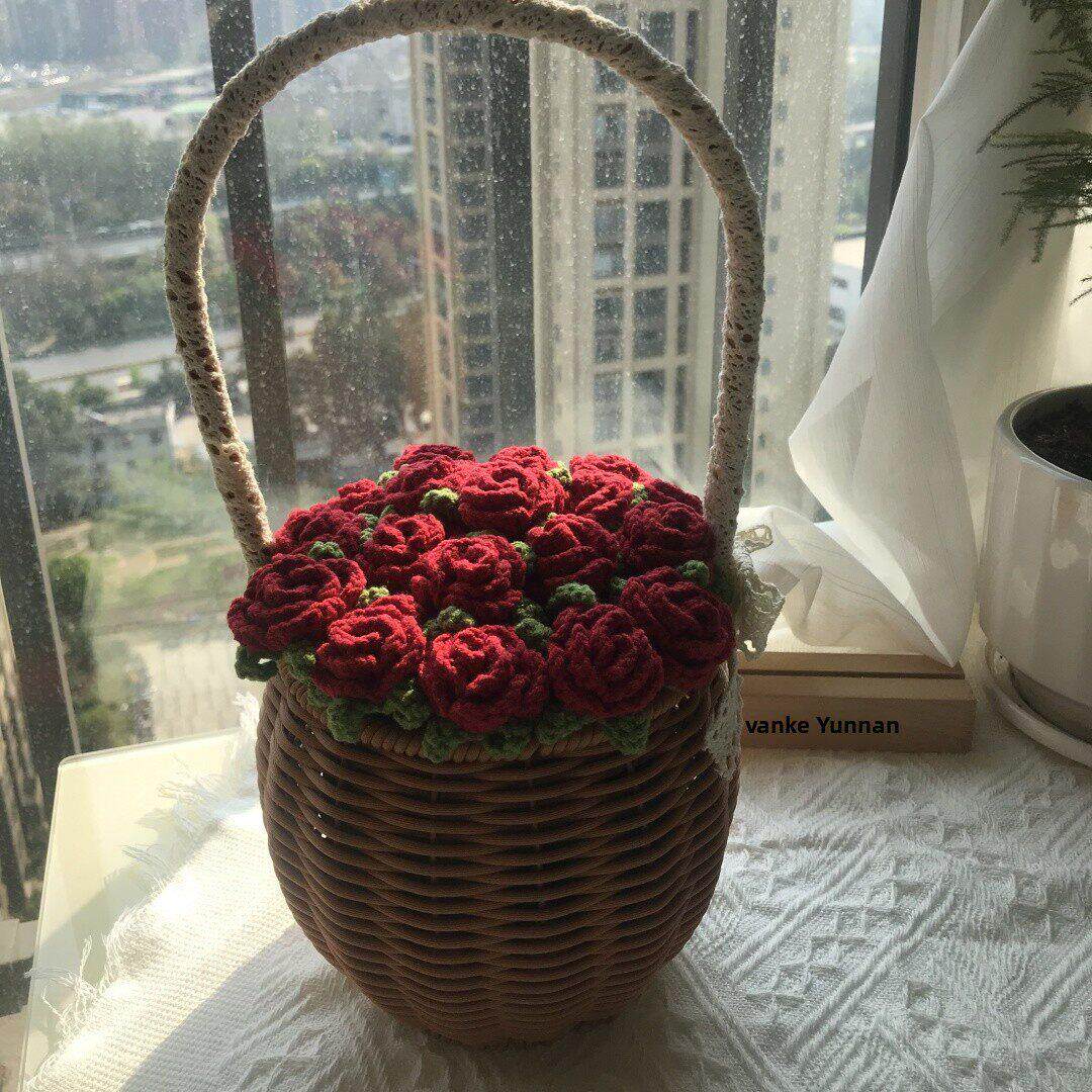 针织多头泡泡玫瑰手工毛线钩织成品花束花篮手提篮送女友七夕礼物