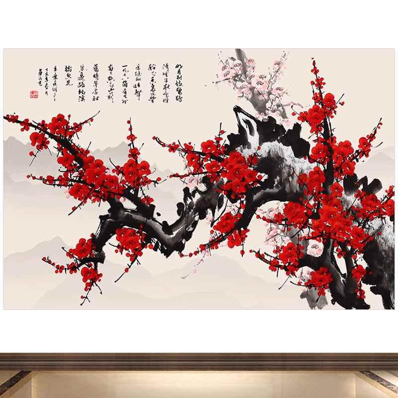 红梅花图国画财源滚滚风水招财墙画壁画挂画镇宅旺业事事如意自粘