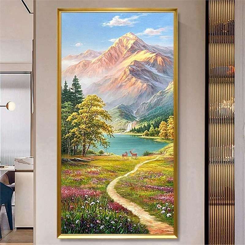 手绘油画美式风景高山流水聚宝盆背靠金山福禄生财走廊过道装饰画