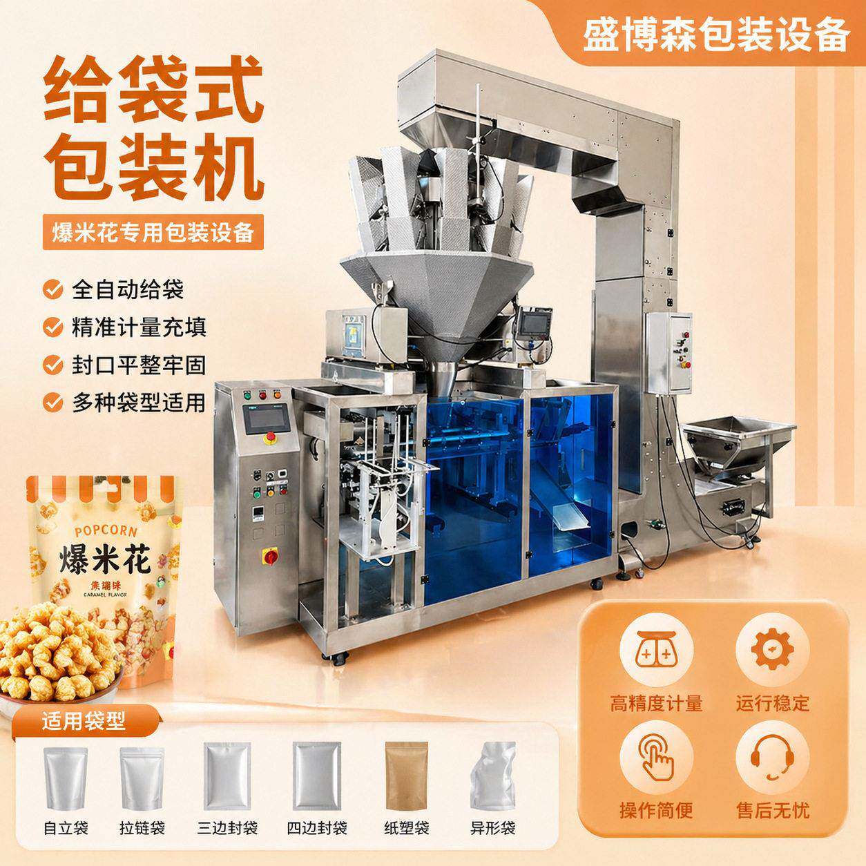 全自动爆米花包装机一斤装膨化食品自动称量封口给袋式包装机