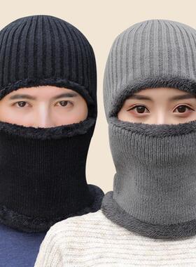 羊毛帽子男子的冬季骑自行车温暖防风和防冷兜帽集成脖子围巾针织