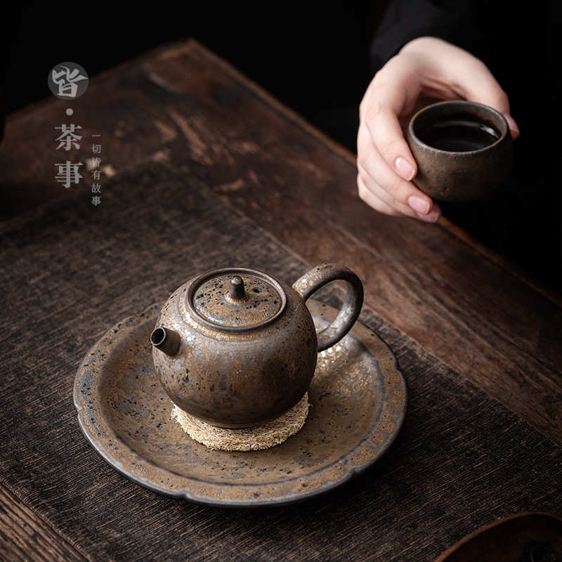 鎏金陶瓷壶承中式干泡茶盘复古功夫茶具茶道养壶泡茶小茶台壶托盘