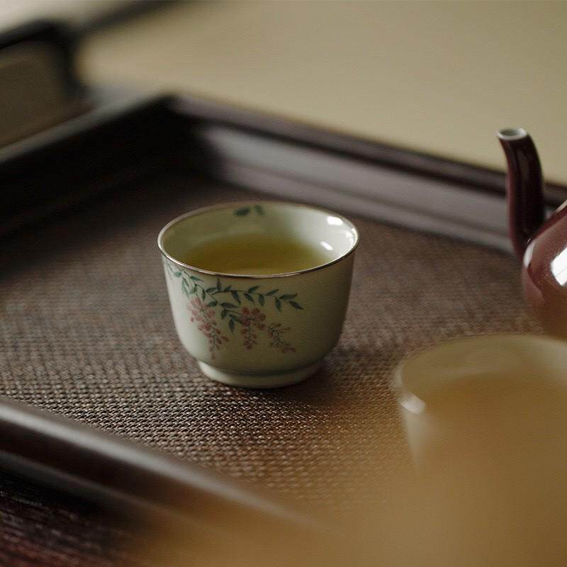 杯手绘 无粉彩知茶具精工落下茶杯紫藤花釉银果青釉口忆小品功夫